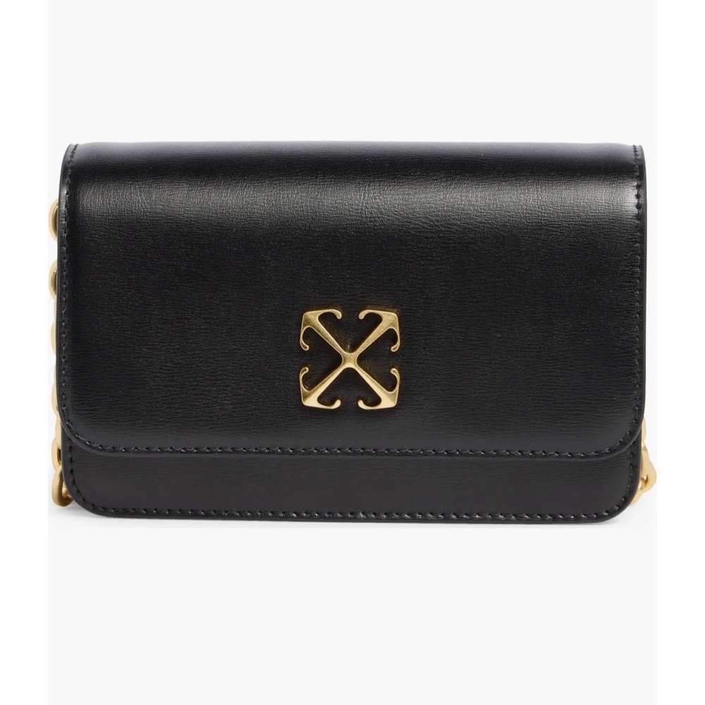Off-White Black Leather Crossbody with Gold Logo Accent